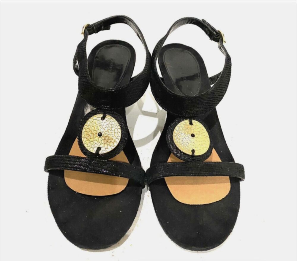 Anne Klein Black Wedge Sandals 11 Women Slingback T Strap Comfort Open Toe Shoes